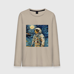 Лонгслив хлопковый мужской Космонавт на луне в стиле Ван Гог, цвет: миндальный