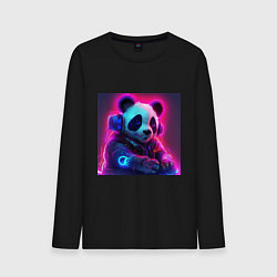 Лонгслив хлопковый мужской Диджей панда в свете неона, цвет: черный