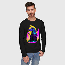 Лонгслив хлопковый мужской Cool dinosaur - cyberpunk - neural network, цвет: черный — фото 2