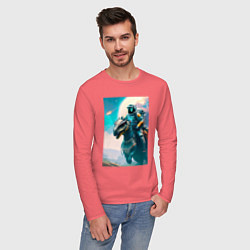 Лонгслив хлопковый мужской Космонавт верхом на динозавре, цвет: коралловый — фото 2