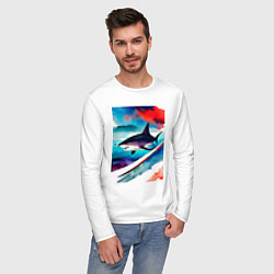 Лонгслив хлопковый мужской Shark - watercolor - art, цвет: белый — фото 2