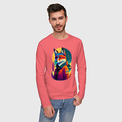 Лонгслив хлопковый мужской Лисица на фоне звёздного неба - нейросеть, цвет: коралловый — фото 2
