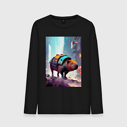 Лонгслив хлопковый мужской Капибара в мегаполисе - киберпанк, цвет: черный