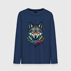 Лонгслив хлопковый мужской Лесной яркий волк, цвет: тёмно-синий
