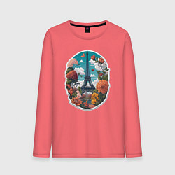 Лонгслив хлопковый мужской Эйфелева башня в цветах, цвет: коралловый