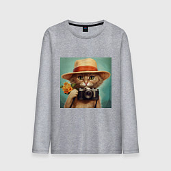 Лонгслив хлопковый мужской Кот в соломенной шляпе с фотоаппаратом, цвет: меланж