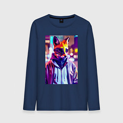 Лонгслив хлопковый мужской Cyber fox - neon - city, цвет: тёмно-синий