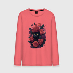 Лонгслив хлопковый мужской Черный кот в цветах, цвет: коралловый