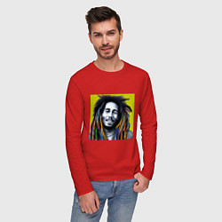 Лонгслив хлопковый мужской Разноцветные дреды Боба Марли граффити, цвет: красный — фото 2