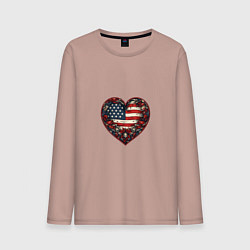 Лонгслив хлопковый мужской Сердце с цветами флаг США, цвет: пыльно-розовый
