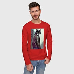 Лонгслив хлопковый мужской Модный котяра - Лондон - нейросеть, цвет: красный — фото 2
