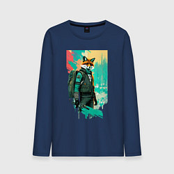 Лонгслив хлопковый мужской Лис-геолог - нейросеть, цвет: тёмно-синий