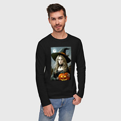 Лонгслив хлопковый мужской Прекрасная ведьма с тыквой - хэллоуин, цвет: черный — фото 2