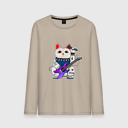 Лонгслив хлопковый мужской Рок кот нэко с микрофоном и гитарой, цвет: миндальный