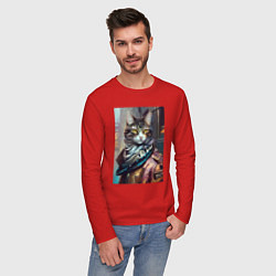 Лонгслив хлопковый мужской Городской котяра - модник, цвет: красный — фото 2
