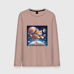 Лонгслив хлопковый мужской Котик в космосе мультяшный, цвет: пыльно-розовый