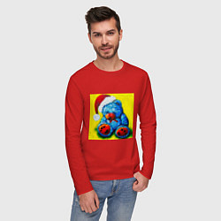 Лонгслив хлопковый мужской Плюшевый синий Санта мишка, цвет: красный — фото 2