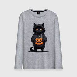 Лонгслив хлопковый мужской Кот в черном худи держит в руках тыкву, цвет: меланж