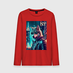 Лонгслив хлопковый мужской Крутой волчара в ночном Нью-Йорке, цвет: красный
