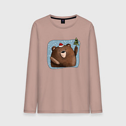 Лонгслив хлопковый мужской Медведь и елка, цвет: пыльно-розовый