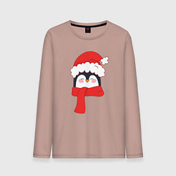 Лонгслив хлопковый мужской Новогодний пингвин в шапке Деда Мороза, цвет: пыльно-розовый