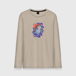 Лонгслив хлопковый мужской Дед Мороз космонавт в космосе мини, цвет: миндальный