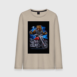 Лонгслив хлопковый мужской Медведь байкер с мотоциклом, цвет: миндальный