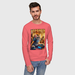 Лонгслив хлопковый мужской Прикольный котёнок - киберспорт, цвет: коралловый — фото 2