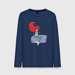 Лонгслив хлопковый мужской Русалочка сидит на камне - минимализм, цвет: тёмно-синий