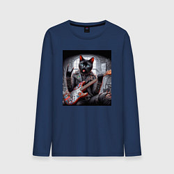 Лонгслив хлопковый мужской Чёрный котяра рок гитарист, цвет: тёмно-синий