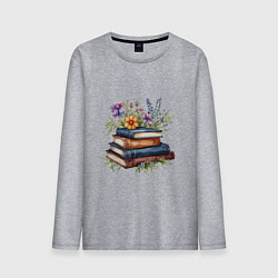 Лонгслив хлопковый мужской Стопка книг с полевыми цветами, цвет: меланж