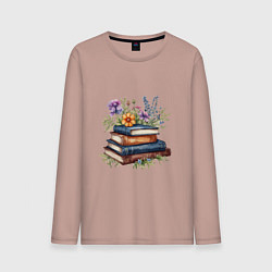 Лонгслив хлопковый мужской Стопка книг с полевыми цветами, цвет: пыльно-розовый