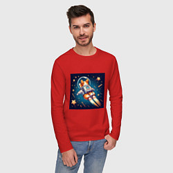 Лонгслив хлопковый мужской Реактивный корги в космосе, цвет: красный — фото 2