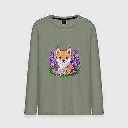 Мужской лонгслив Щенок Сибу-ину среди сиреневых цветов