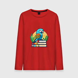 Лонгслив хлопковый мужской Попугай на стопке книг, цвет: красный