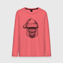 Лонгслив хлопковый мужской Новогодняя горилла в шапке, цвет: коралловый
