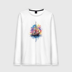 Лонгслив хлопковый мужской Парусник на закате, цвет: белый