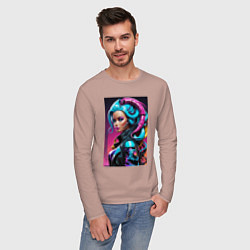 Лонгслив хлопковый мужской Фантастическая кибер девчонка - нейросеть, цвет: пыльно-розовый — фото 2
