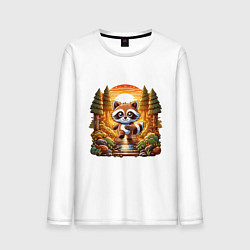 Лонгслив хлопковый мужской Енот шагает по лесу, цвет: белый