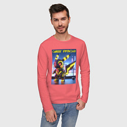 Лонгслив хлопковый мужской Cyber pikachu - ai art neon glow fantasy, цвет: коралловый — фото 2