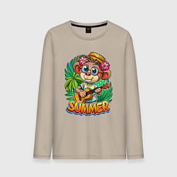 Лонгслив хлопковый мужской Обезьянка с гитарой летний вайб, цвет: миндальный