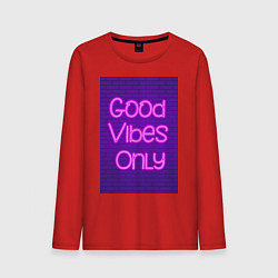 Лонгслив хлопковый мужской Неоновая надпись good vibes only и кирпичная стена, цвет: красный