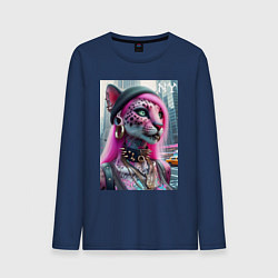 Лонгслив хлопковый мужской Панк девушка-леопард в татухах в Нью-Йорке, цвет: тёмно-синий