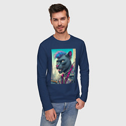 Лонгслив хлопковый мужской Чувак пантера панк житель Нью-Йорка - нейросеть, цвет: тёмно-синий — фото 2