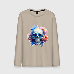 Лонгслив хлопковый мужской Акварельный череп в цветах, цвет: миндальный