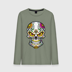 Лонгслив хлопковый мужской Череп в цветочках, цвет: авокадо
