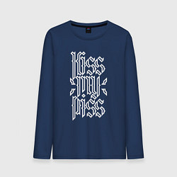 Лонгслив хлопковый мужской Надпись kiss my piss белого цвета, цвет: тёмно-синий