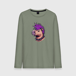 Лонгслив хлопковый мужской Капибара с фиолетовым ирокезом, цвет: авокадо