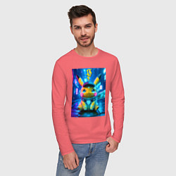 Лонгслив хлопковый мужской Funny neon Pikachu под энергетическим барьером - a, цвет: коралловый — фото 2
