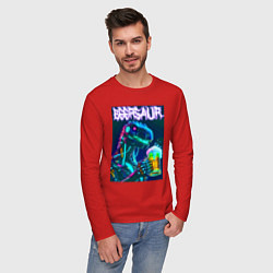 Лонгслив хлопковый мужской Neon cyber beersaur - neon glow fantasy, цвет: красный — фото 2